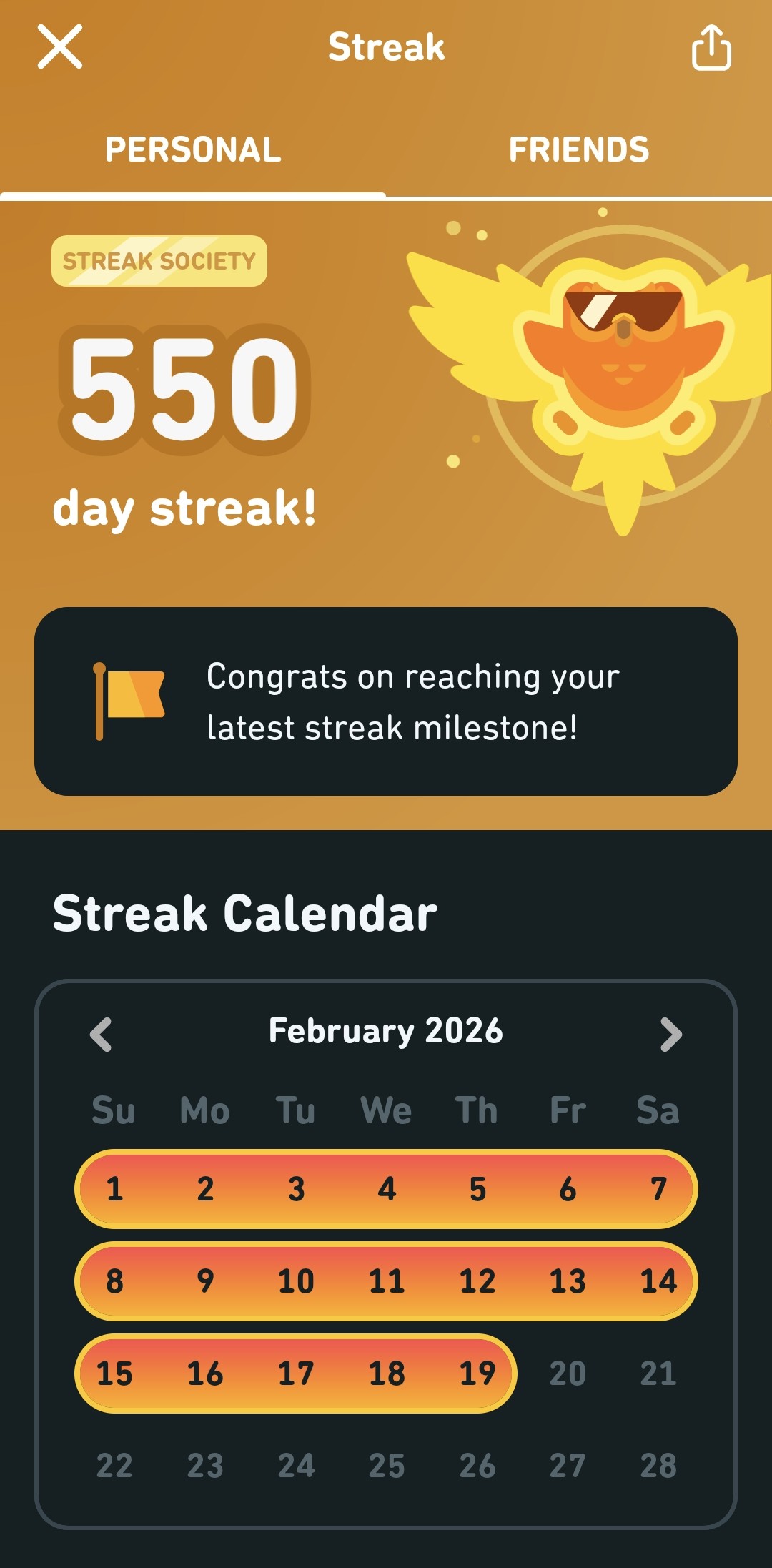 Screenshot showing my 550 day streak on Duolingo.
